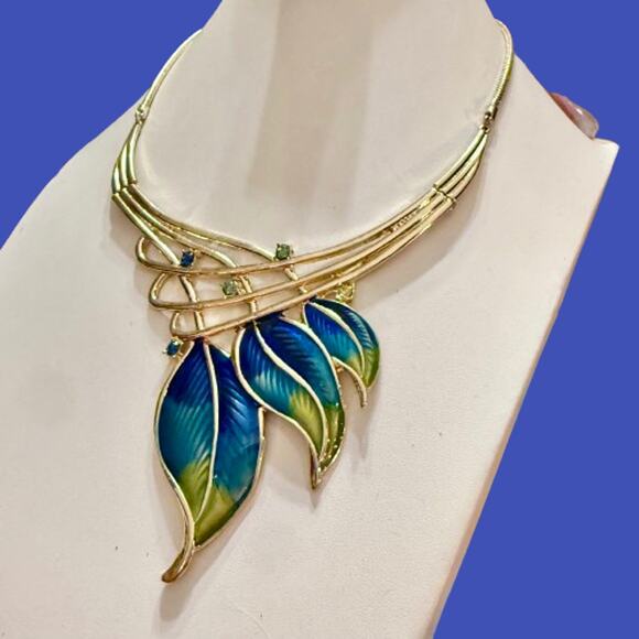 Art Deco Nouveau Style Enamel Gold Tone Statement Necklace - Picture 1 of 8
